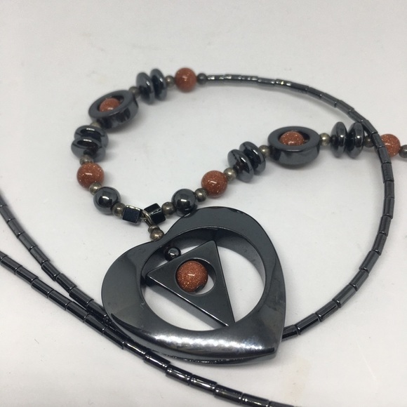 𝅺HEMATITE & goldstone necklace heart pendant - Picture 3 of 7